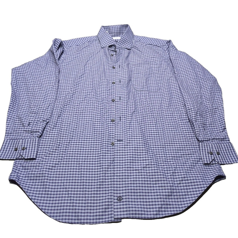 David Donahue Mens XL Purple Gingham Herringbone Cotton Long‎ Sleeve Dress Shirt